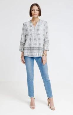 Blouse Imprimé Placé Col Froufrou -Élégance Thiery Promos Boutique k blouse imprime place col froufrou affinites KAKI CLAIR o 104