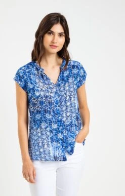 Chemise Col Mao Smockée Imprimée