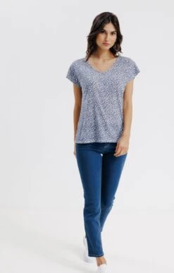 Tee-shirt Imprimé Manches Courtes Col V -Élégance Thiery Promos Boutique k tee shirt imprime manches courtes col v armand thiery femme BLEU o 45