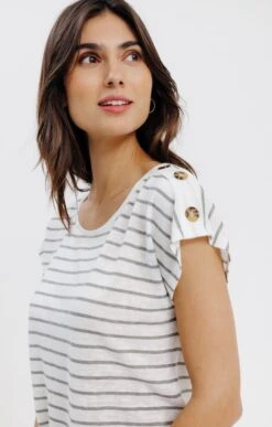Tee-shirt Manches Courtes Rayé -Élégance Thiery Promos Boutique k tee shirt manches courtes raye armand thiery femme KAKI CLAIR d1 104